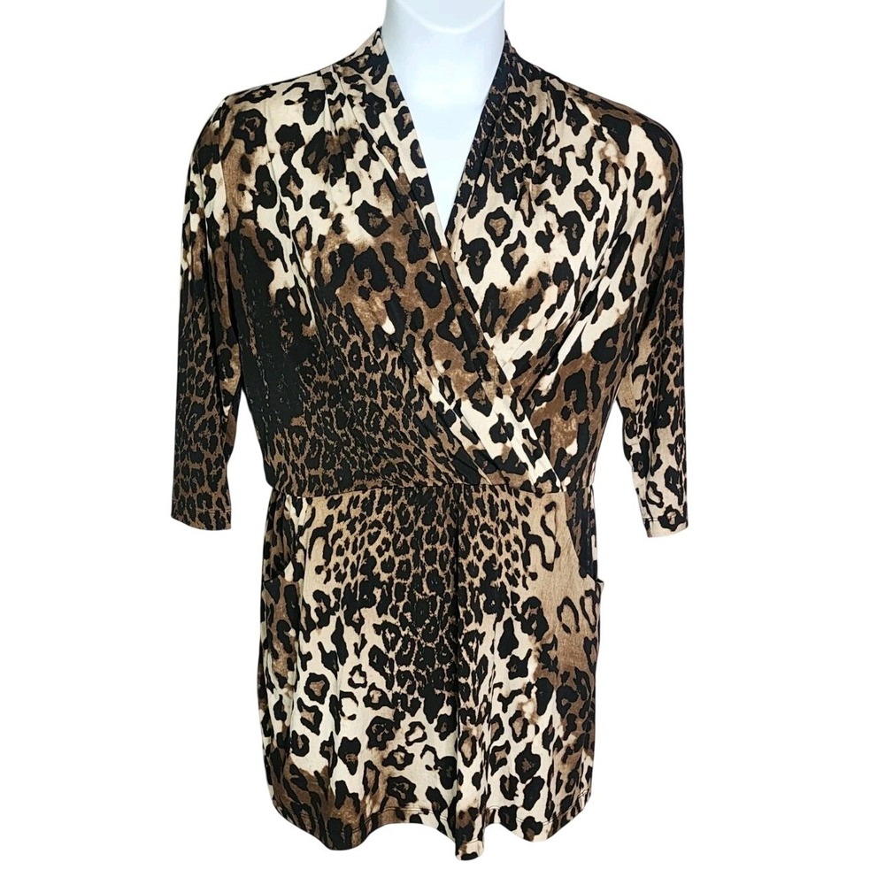 Chico's Women's Leopard Print Dress Surplice Wrap 3/4 Sleeve Animal Print Size 1